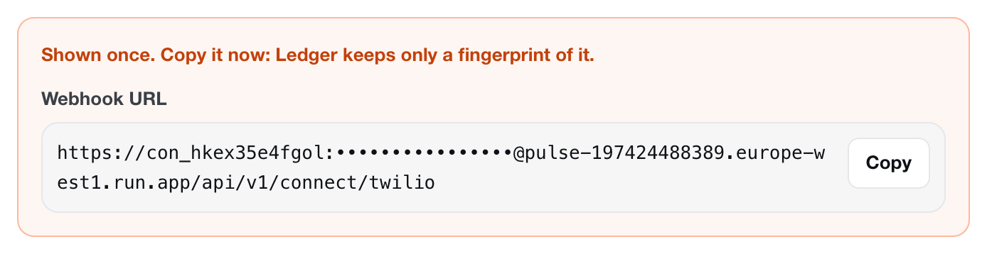 Ledger shows the webhook URL once, with a Copy button. The secret part is hidden in this picture.