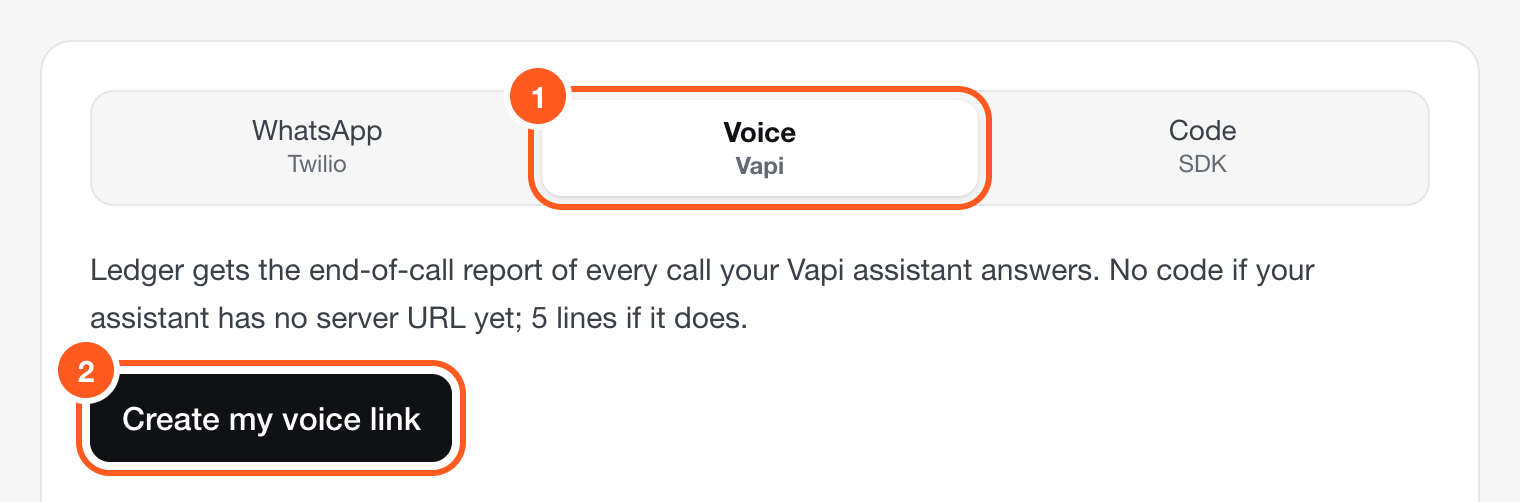 Ledger setup, step 3: the Voice (Vapi) tab is selected and the button reads Create my voice link.