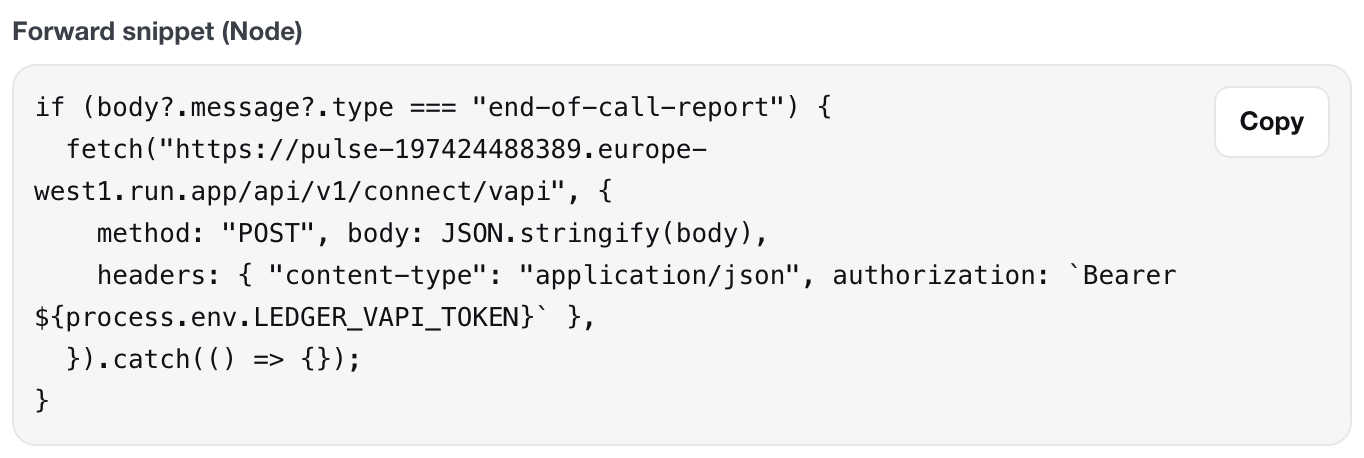 The forward snippet for Node that Ledger shows under path B, with a Copy button.